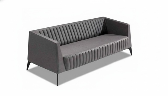 Beige leather 3-seater upholstered sofa, sitting design couch, office furniture.