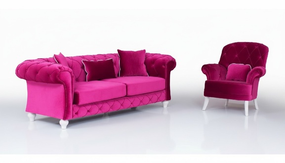 Chesterfield Sofa Set 3+1 Seaters Pink Textile Fabric Upholstery Rolled Armrest Comfortable Sofa With Cushions New