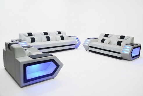 Sofa Couch Seat Upholstery Complete Group Set Leather Suite 3+2+1 + LED + USB New