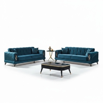 Sofa set 2x sofas 3-seater living room upholstered furniture green three-seater couch