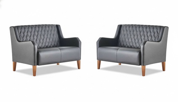 Sofa Set 2-Seater Black Leather Sofa Modern Leather Wooden Armrests