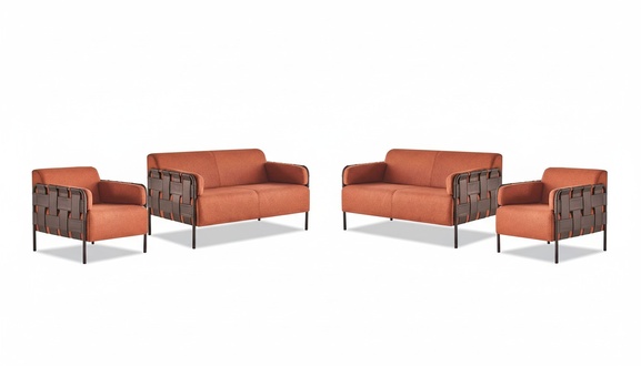 Sofa set 2-seater 2x armchairs orange modern fabric stainless steel sofa furniture