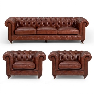 Sofa Set 3+1+1 Seaters Classic Luxury Chesterfield Sofa Leather Couch Set Brown Upholstered New
