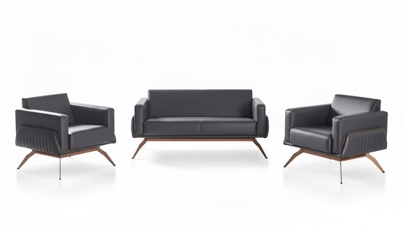 Sofa set 3-piece 2-seater with 2 armchairs gray solid color modern office room