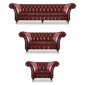 3-piece modern leather sofa set, brown upholstery, living room furniture.