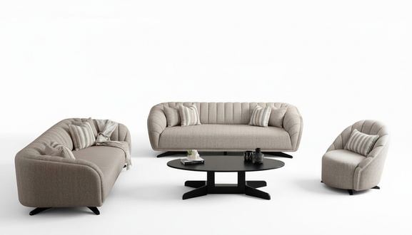 Beige sofa set couch relaxation set upholstery furniture 3+3+1 table