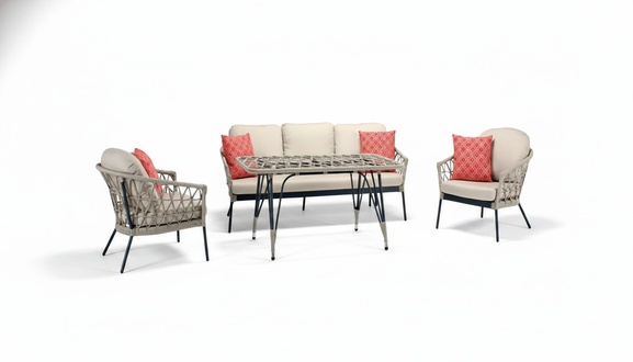 Beige Sofa Set Rattan Luxurious 3-Seater Sofa Modern 2 Armchairs Coffee Table