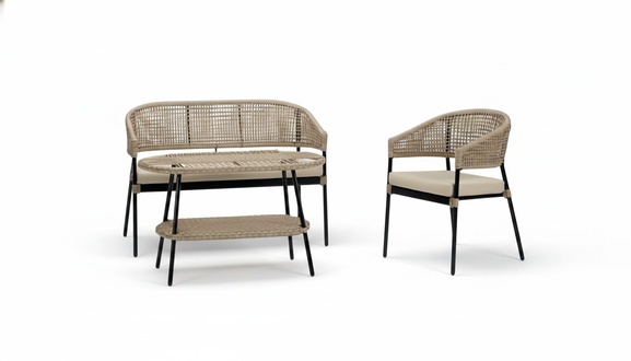 Beige sofa set, 2-seater luxury rattan modern armchair coffee table.