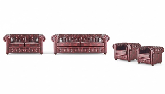 Chesterfield Sofa Set Couch 3-Seater 2-Seater Armchair Bordeaux 4-piece Set.
