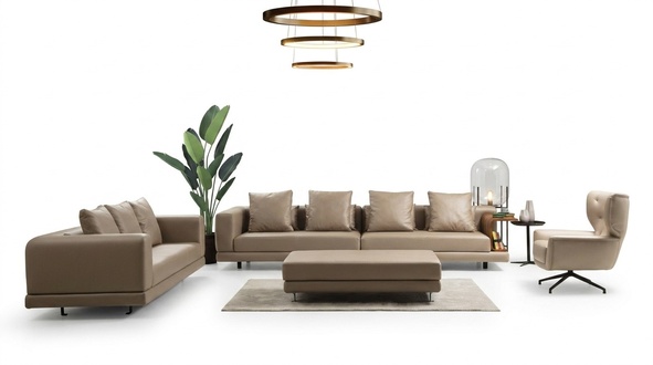 Sofa set four-seater three-seater armchair beige sofa 3-piece leather set