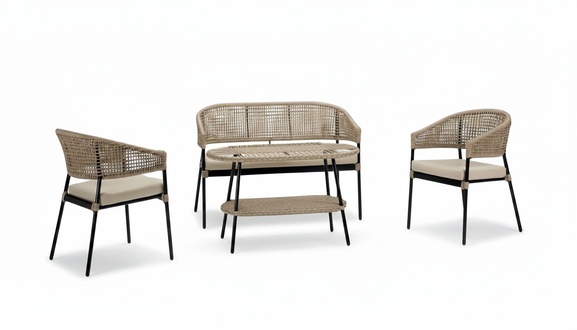 Sofa set Sofa 2-seater Luxurious rattan Modern 2x armchairs Coffee table Beige