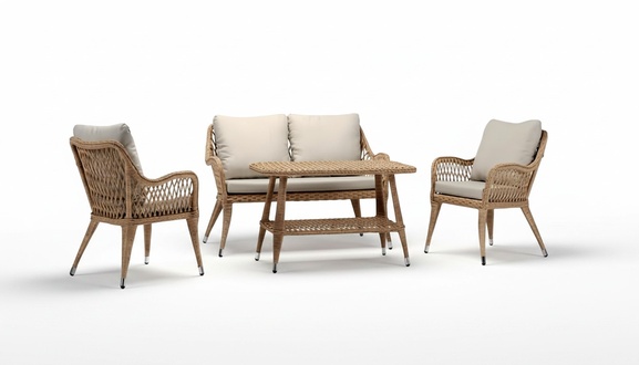 Sofa set sofa 2-seater luxurious rattan modern 2x armchairs coffee table brown