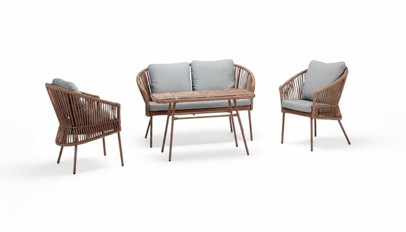 Sofa set Sofa 2-seater Luxurious rattan Modern 2x armchairs Coffee table Brown