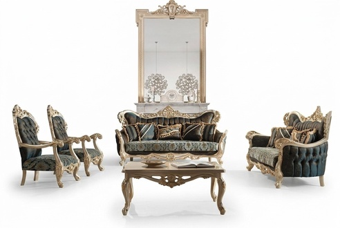 Sofa set sofa couch baroque rococo set coffee table turquoise 5 pcs. gold