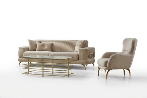 Sofa set three-seater fabric sofa upholstered sofa beige armchair 2 pieces