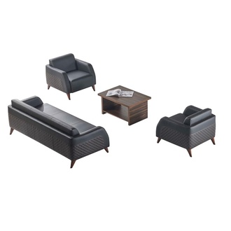 Black sofa sets, 3-seater, brown armchair, color coffee table, leather sofas.