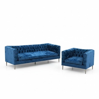 Blue Fabric Sofa Set Modern Design Three-Seater Couch Armchair Chesterfield