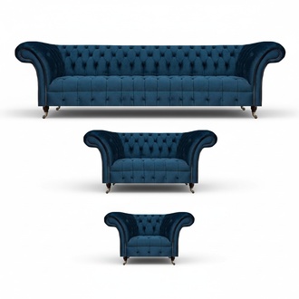 Sofa set blue luxury complete 3-piece seating furniture Chesterfield upholstered seat new