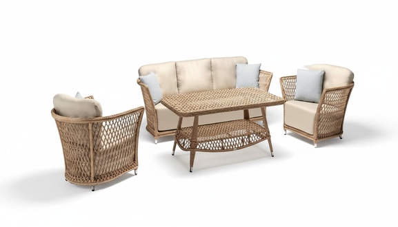 Sofa set 3-seater beige sofas 2 armchairs coffee table terrace modern set