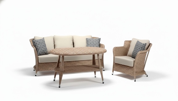 Beige 3-seater sofa set, armchairs, coffee table, modern terrace set.