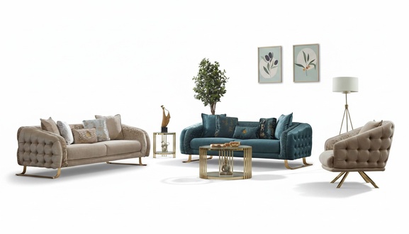 Beige 3-piece fabric sofa set including a three-seater and armchair.
