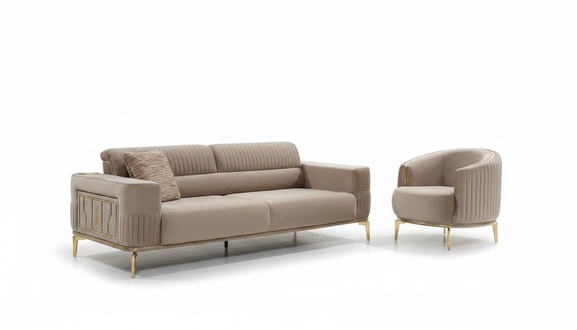 Sofa set upholstered sofa three-seater fabric sofa armchair beige 2-piece