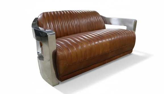 Sofa Vintage 2-Seater Leather Sofa Retro Style Real Leather Aluminium Rivets Furniture