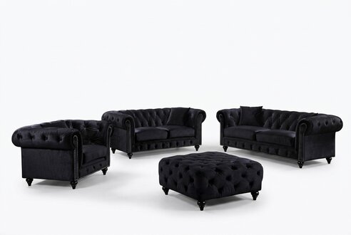 Chesterfield Sofa Set 3+2+1 Seaters Black Premium Faux Leather Comfortable With Cushions New