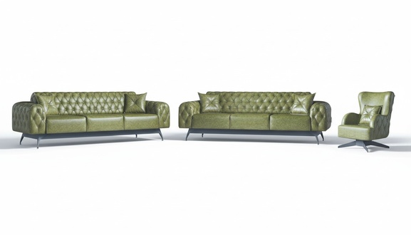 Sofa Set Couch 3-Seater Leather Armchair Green Classic Chesterfield Upholstery 4-piece.