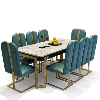 Stainless Steel Marble Imitation Table + 8 Leaning Chairs Dining Room Group Set 9pcs
