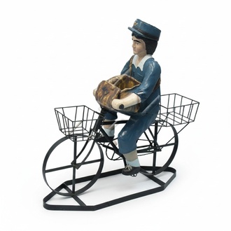 Decorative sculpture designed as postman on a bicycle figure 88x90cm