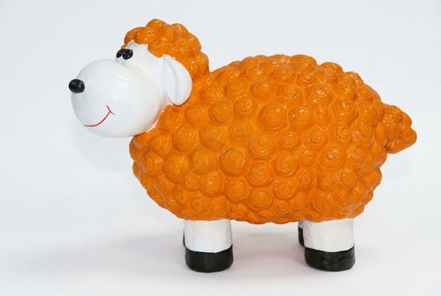Decorative sculpture designed as cartoon sheep figure in orange colored 46x62x34cm