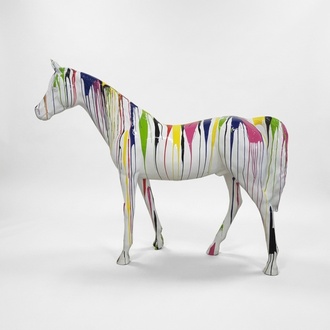 Decorative abstract sculpture designed as white colored horse with colorful stripes 190x220cm sizes