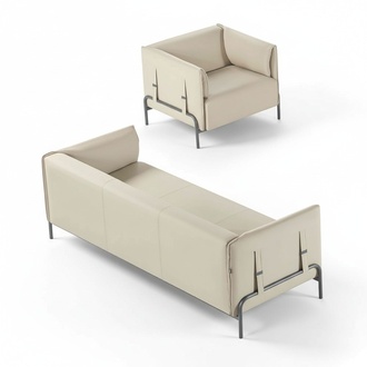 Office Room Set 2pc 3-Seater Chair Beige Solid Color Cushion Living Room