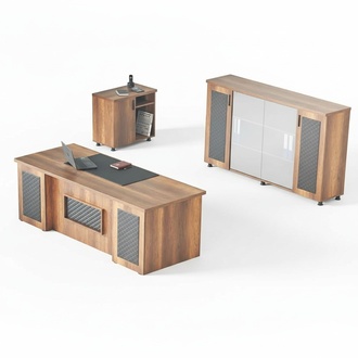 Office Room Set 3-piece Desk Sideboard Chest of Drawers Storage Brown Black