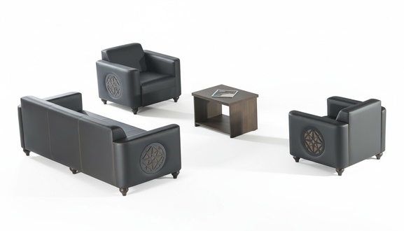 Home office set 4 pieces black 3-seater 2x brown armchairs modern coffee table