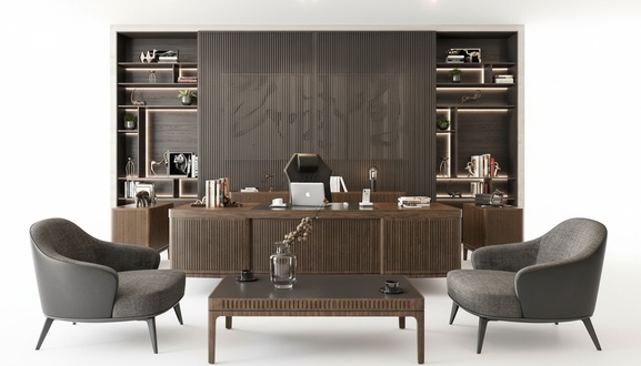 Brown wooden home office set, modern, stylish, and functional.