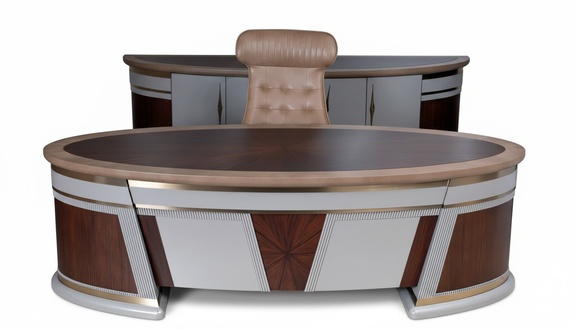 Wooden home office set in warm brown, modern and elegant.