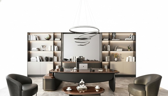 Wooden home office set in brown, modern and stylish.
