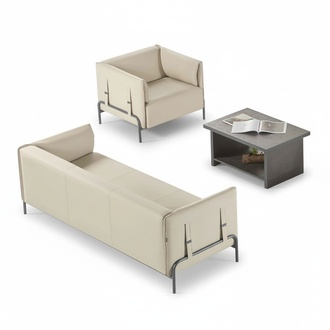 Home office set 3-piece Beige 3-seater armchair Grey coffee table living room