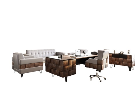 Modern Brown Wood Home Office Set with Desk and Sideboard