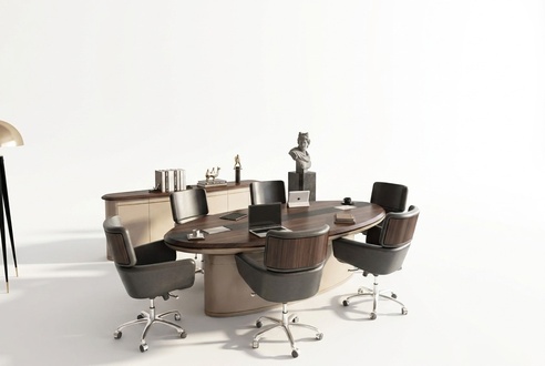 Home Office Set Brown Wood and Faux Leather Modern