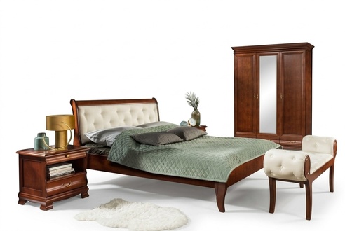 Stylish Chesterfield bed, 2 nightstands, furniture, wardrobe, bedroom.
