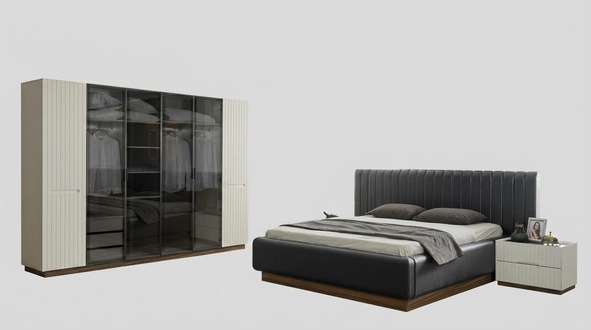 Stylish bedroom designer set textile double bed elegant wardrobe