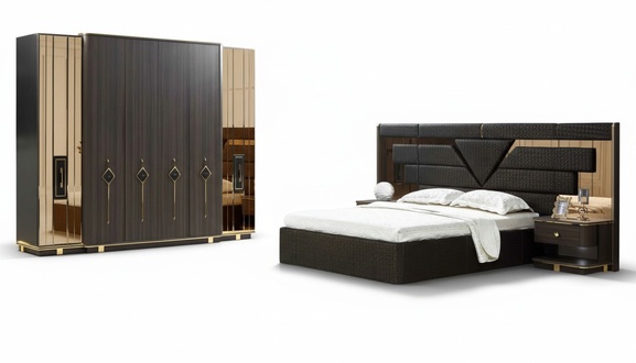 Stylish bedroom set bed 2x bedside tables wardrobe bedside table 4 pcs