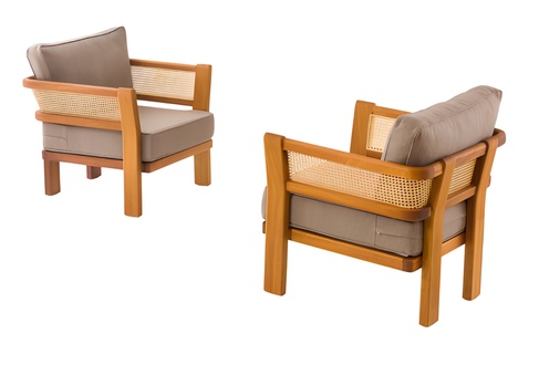 Stylish beige fabric armchairs in a modern design, weather-resistant.