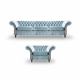 Stylish Chesterfield Blue Seating Set Elegant Furniture Three Seater Armchair
