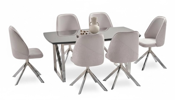 Stylish dining room set black gray rectangular table soft chairs