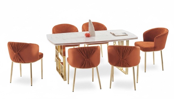 Stylish dining room set gray gold rectangular tabletop marble imitation.
