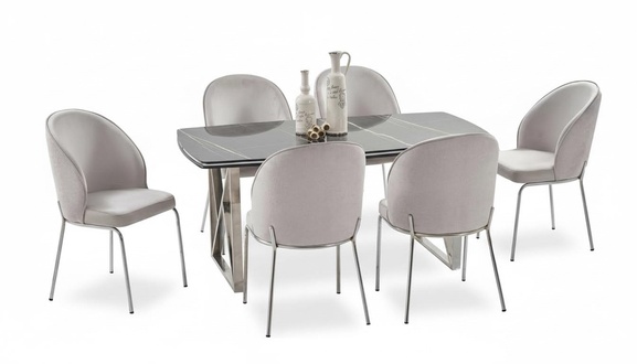 Stylish dining room set rectangular black wooden tabletop chrome legs